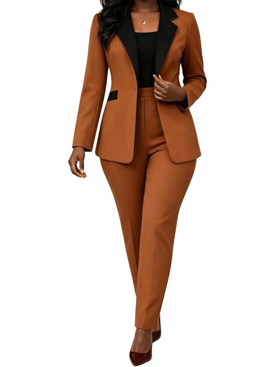 Jackets & Blazers - Chic Women's Blazer & High Waisted Straight Leg Pants Set - Dressy Casual Outfit